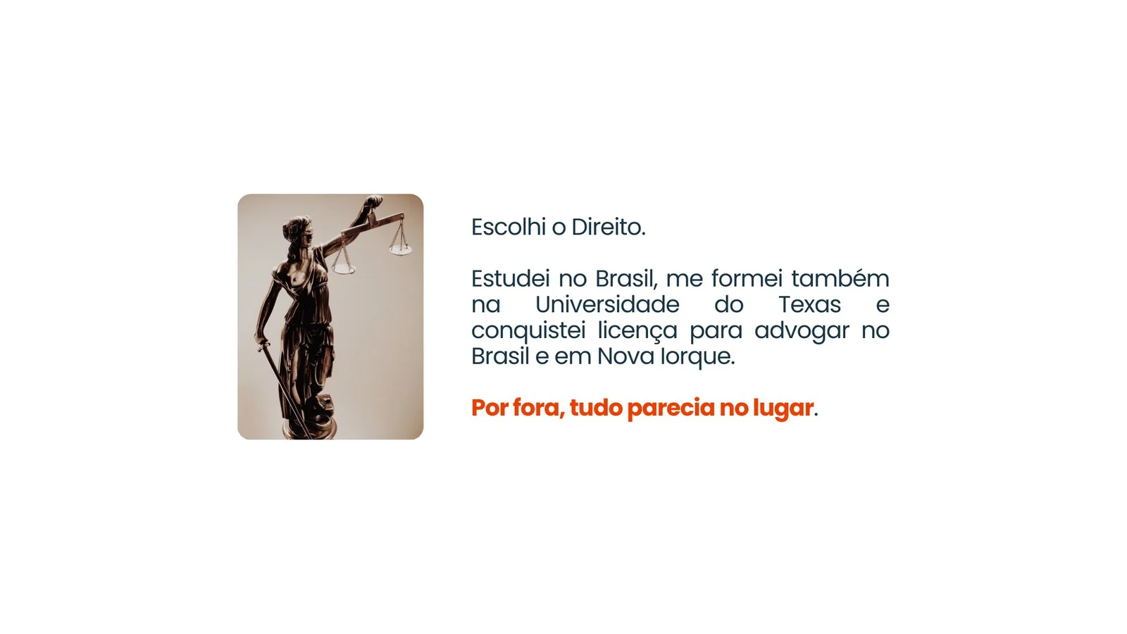 Escolhi o Direito. Estudei no Brasil, me formei também na Universidade do Texas e conquistei licença para advogar no Brasil e em Nova Iorque. Por fora, tudo parecia no lugar.